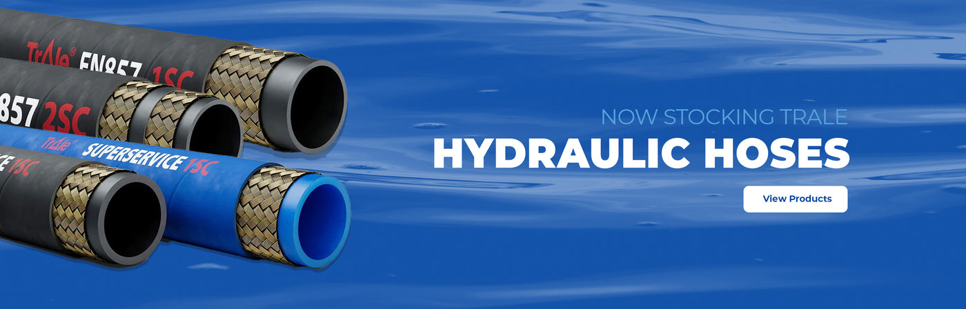 Hydraulic hoses with branding on a blue water background
