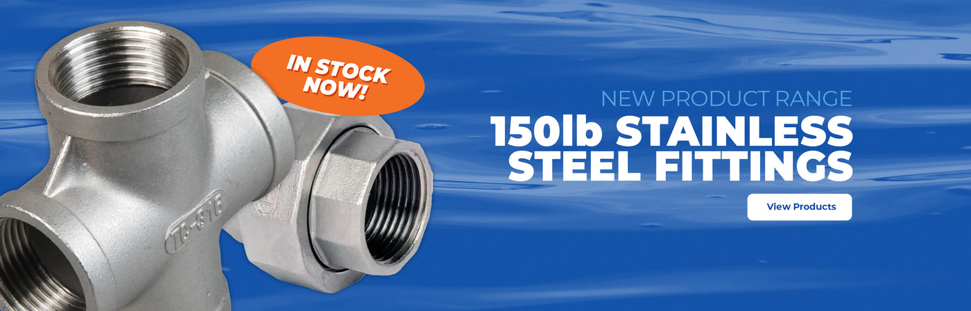 150lb Stainless steel fittings with 'In Stock Now!' label on a blue background