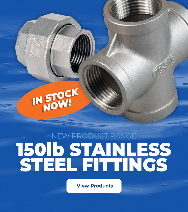 150lb Stainless steel fittings with 'In Stock Now!' label on a blue background
